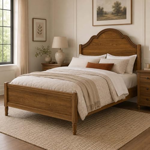 Elyveont Rustic Vintage Full Size Wood Bed Frame with Retro Style Tall Headboard Farmhouse Wooden Bed Frames Full Platform Bed Frame Walnut Bedframe with Slat Support