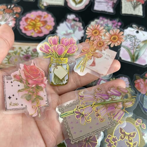 Image of 50 PCS Gold Stamp Stickers for Scrapbooking Journaling Junk Journal Scrapbook Supplies - Waterproof Transparent PET Aesthetic Decals for Resin Crafts Decorative Art Crafts (Gold Stamp)