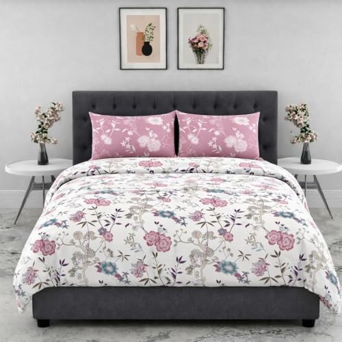 Image of DECOR2ADMIRE Premium Cotton Bedsheet Double King Size 90x100 Inches, 300 TC Soft Breathable Printed Bed Sheet with 2 Pillow Covers (White Pink Contrast, Double 90 inch x 100 inch)