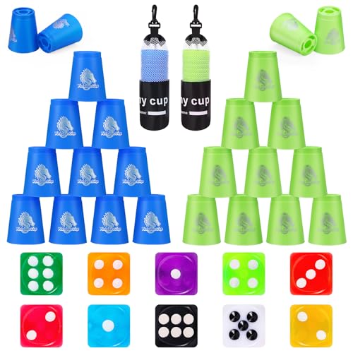 homdat 24 Gobelets Empilables, Gobelets de Sport Rapides (Bleu et Vert) avec Sac de Transport et 10 dés Colorés, pour Jeu D'entraînement de Vitesse, Défi...