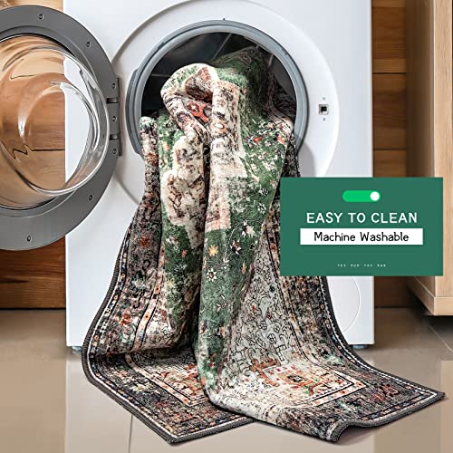 Area Rug 5x7 for Living Room Green Boho Non-Slip Washable Rug Vintage Low Pile Large Rug for Bedroom Dining Room - Image 4
