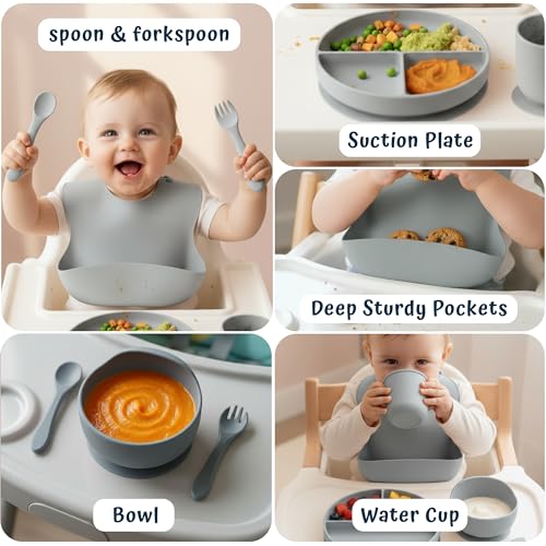 Image of Baybee Silicone Baby Feeding Set | Bpa Free & Microwave Safe Food Grade Baby Utensils with Suction Plate & Bowl, Bib, Water Cup, Forks, Spoons for Infants, Toddlers, Kids Weaning Food Cutlery (Grey)