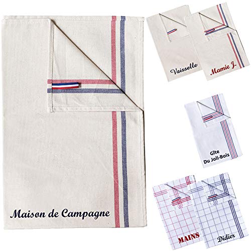 Vanevitch Torchon Vaisselle Main personnalisé avec Un prénom, Fabrication Française, Cadeau Anniversaire fête des Meres fête des Peres, Mamie, Verre, Assiette, pour la Cuisine, Homme Femme