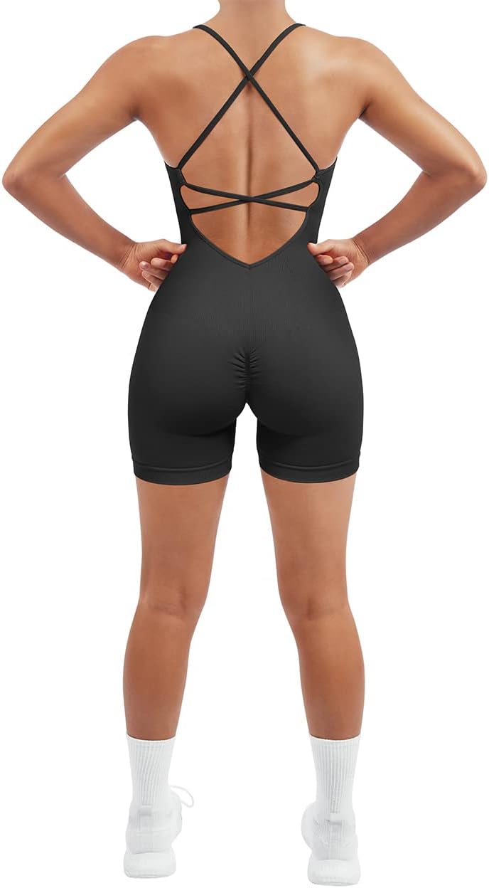 Women Strappy Romper Seamless Jumpsuit Tummy Control Padded Sports Bra