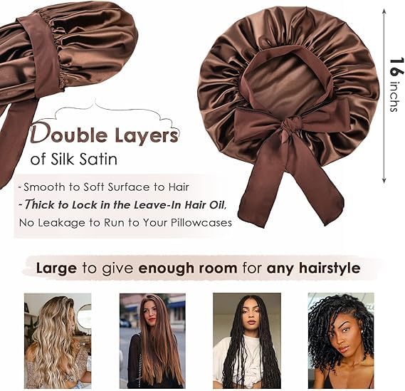 Image of Silk Bonnet for Hair with 3 Scrunchies, Adjustable Hair Cap for Sleeping, Bonnet for Curly Hair with Wide Elastic Tie Band