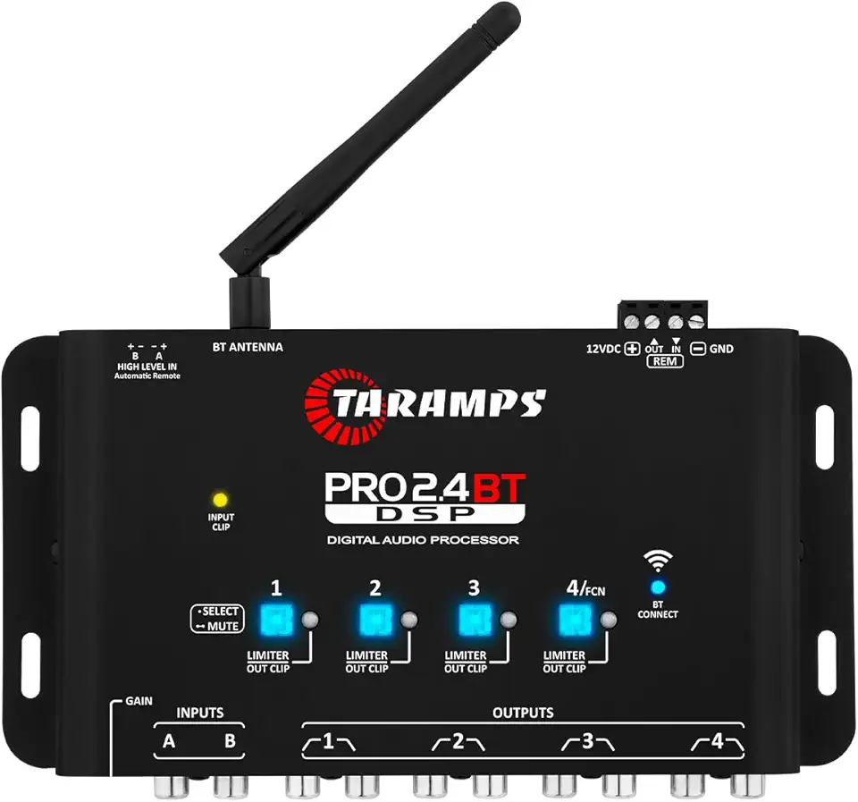 Taramps Pro 2.4 BT Bluetooth DSP Crossover completo, processador de sinal digital, equalizador de áudio de carro com aplicativo, ganho até 9 V, equalização gráfica de 15 bandas, 12 equalizações