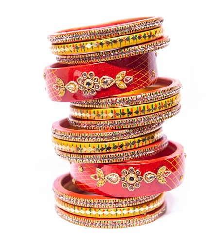 Image of Swara Creations Lah /Lac bangles red and yellow color Set, LAHTHI Churi zircon work for Women and Girls(14pcs)