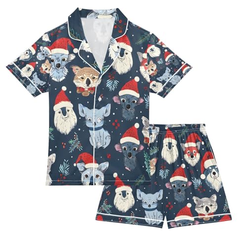senya Dog with Red Hats Satin Summer Pajama Sets Silk Short Sleeve Button Down Sleepwear