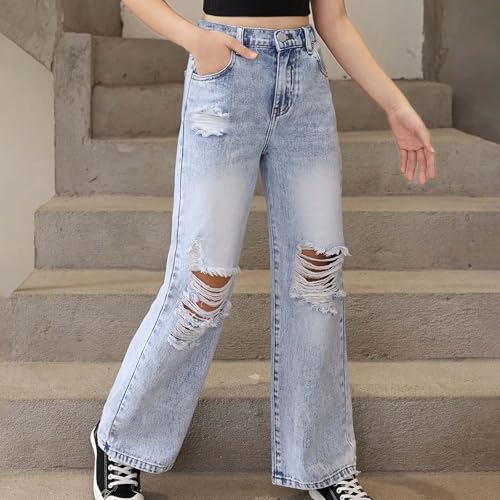Girls Baggy Jeans Trendy Ripped Distressed High Waisted Wide Leg Denim Pants Cute Summer Trousers Y2K Streetwear 6-14Years2