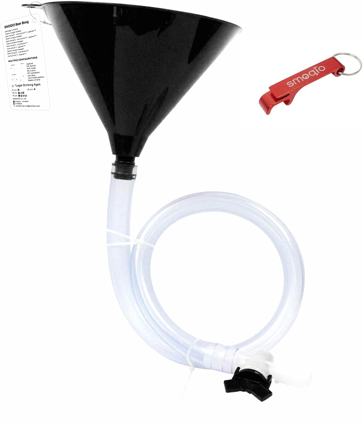 SMOQIO Beer Bong Funnel Double Header Black with Valve, Bonus Bottle Opener, Drinking Funnel with Premium Material, 1 Pack