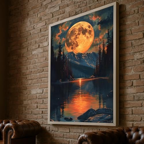 Toile pleine lune sur lac de montagne peinture poétique et apaisante pour la maison