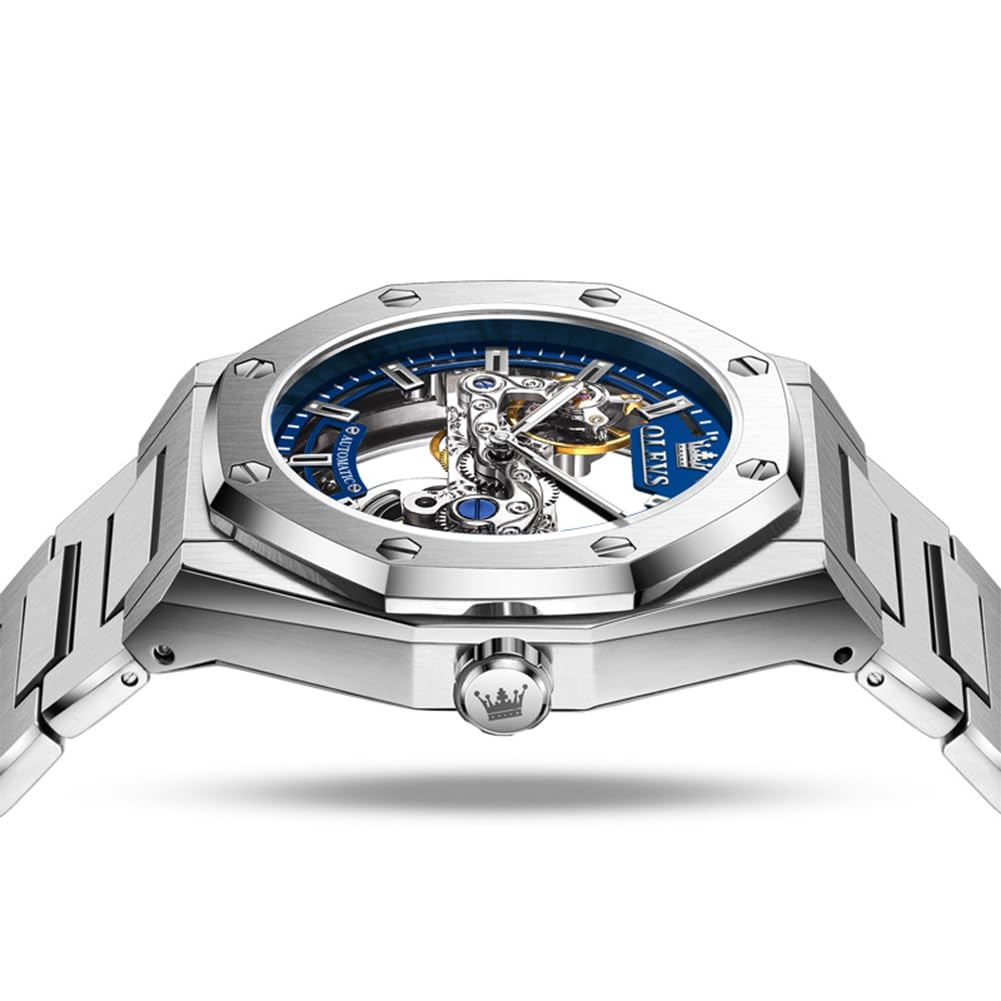 OLEVS Montre squelette automatique pour hommes montres mécaniques de luxe | Montre-bracelet à remontage automatique, sans pile, acier inoxydable, étanche 3TM, montre de sport, 42 mm