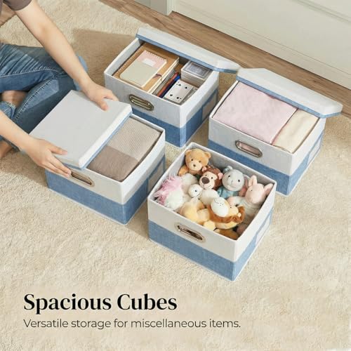 Image of PRANDOM Storage Bins with Lids [3-Pack] Linen Fabric Foldable Storage Boxes Organizer Containers Baskets Cube with Cover for Bedroom Closet Office Blue&White（11.4X8.6X6.7