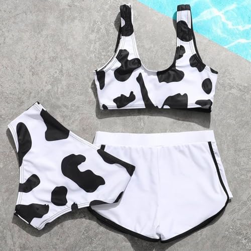 Girls Cute Cow Print Swimsuits for Teens Bikini Set with Shorts 3 Piece Bathing Suits Cute Tankini Swim Suit Beach3