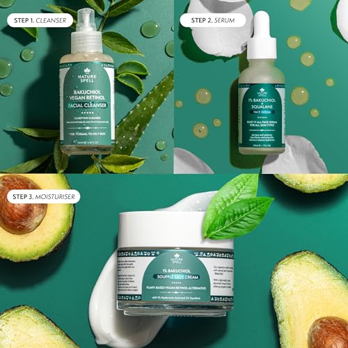 Nature Spell Bakuchiol & Cica Clarifying Daily Skincare Set, Gentle Foaming Cleanser, Face Serum & Face Cream, Vegan Retinol - Image 2
