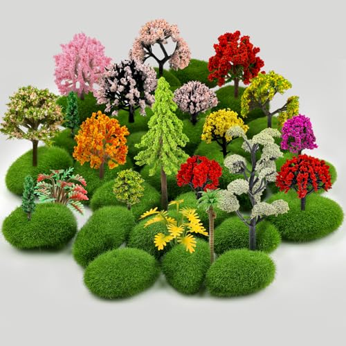 QUOZUO 42Pcs Model Miniature Trees with Moss Stones, Train Scenery, Mixed Colourful Trees for Building, Natural Green Landscape, Railroad Scene