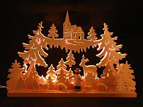 Chandelier lumineux avec berger en bois sculpté des monts Métallifères