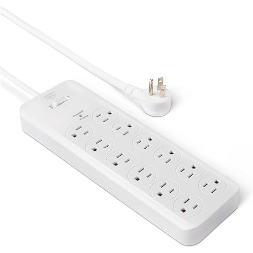 Amazon Basics 12-Outlet Surge Protector Power Strip, 4000 Joules, 8ft Extension Cord, Rectangle, for Home, Office, Gaming Room, White