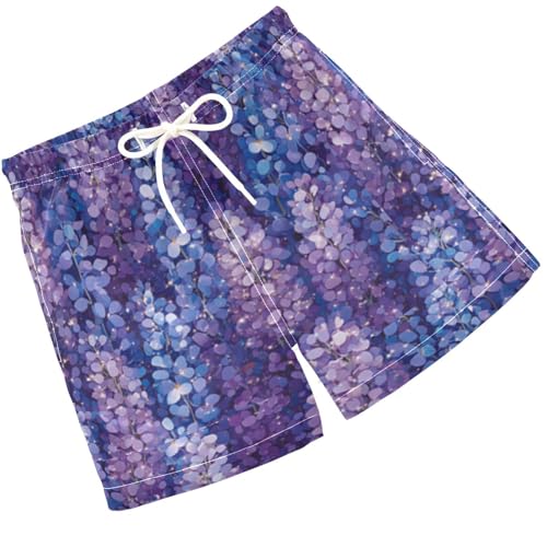 Pigsaly Boys Swim Trunks Glitter Blue Wisteria Purple Lavender Flower Boys Board Shorts Swimsuit Swimwear Bathing Suit S