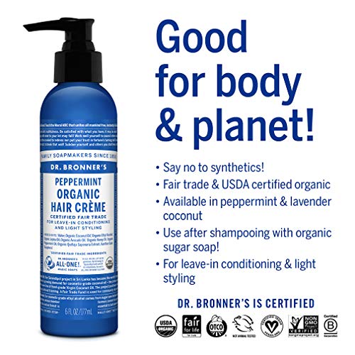Dr. Bronner's - Organic Hair Crème (Peppermint, 6 Ounce) - Leave-In Conditioner And Styling Cream, Made With Organic Oils, Hair Cream Supports Shine And Strength, Nourishes Scalp, Non-Gmo #TOP2