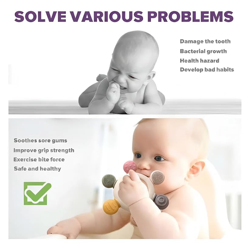 Image of CHICAGOZONE Premium Baby Teether | Silicone + Wooden Ring | BPA-Free, Non-Toxic, Safe Chew Toy | Round Shape | Color - Beige for Babies 3+ Months