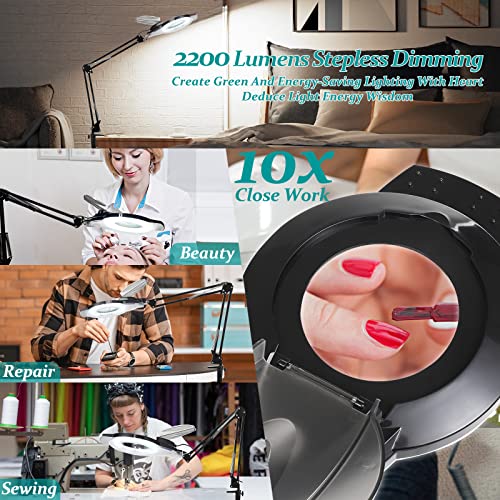 10X Magnifying Glass With Light, Nueyio 2200 Lumen Stepless Dimmable Magnifying Lamp, 4" Real Glass Lens, Adjustable Swing Arm Lighted Magnifier Desk Lamp For Repair, Crafts, Close Work. (Black) #TOP5
