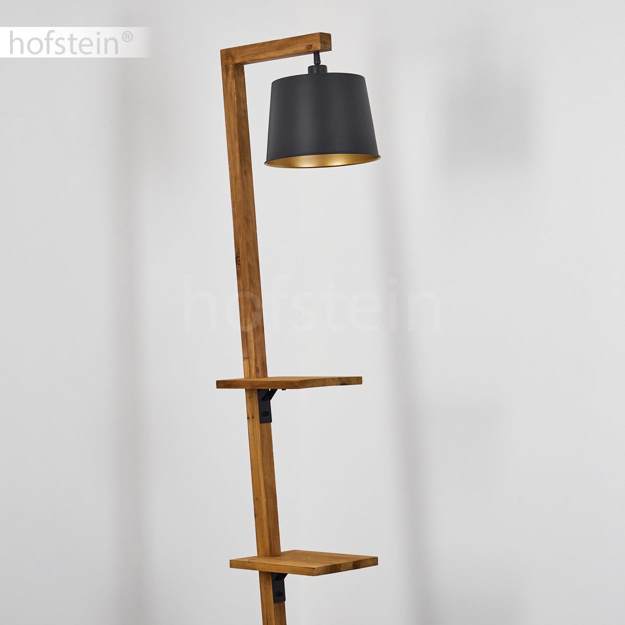 Stehleuchte Baval, moderne Stehlampe aus Metall/Holz in Schwarz/Natur/Goldfarben, Standlampe m. verstellbarem Schirm, Fußschalter am Kabel u. Ablageflächen, Höhe 164 cm, 1 x E27, ohne Leuchtmittel