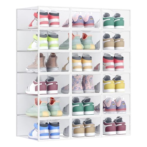 SONGMICS Schuhboxen, Schuh-Organizer aus Kunststoff, mit Tür, durchsichtig, 18er Set, stapelbar, einfache Montage, 33,2 x 23 x 14,5 cm, für Schuhe bis Größe 43, transparent-wolkenweiß LSP318W01