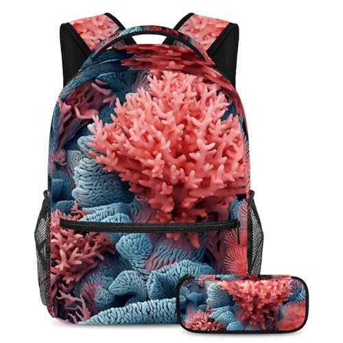 Sac à dos esthétique en coraux profonds avec sa trousse assortie pour l'école et les loisirs