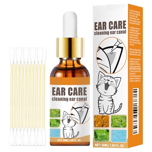 犬の耳の落下、犬用の耳のきれいな人,50ml犬猫の耳洗浄 | グルーミング用品、ワックスと臭いリムーバー、ペットクリーニングリンスには、子犬用の綿棒10個が含まれています。