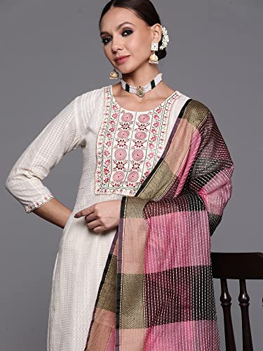 Image of INDO ERA Women's Cotton Blend Ethnic Motifs Straight Kurta with Pant & Dupatta Set (KD0OW4324)