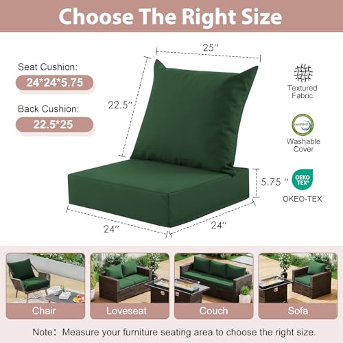 Image of Outdoor Deep Seat Cushion Set, 24x24 Inch Water-Resistant & Fade-Resistant Outdoor Chair Cushions, Patio Furniture Cushions with Removable Cover for Patio Chair, Sofa, Forest Green (Set of 2)