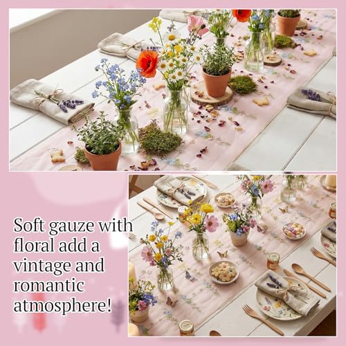 Lounsweer 3 Pcs Pink Wildflower Table Runner 10ft Embroidery Tulle by Lounsweer - Used condition - Image 3