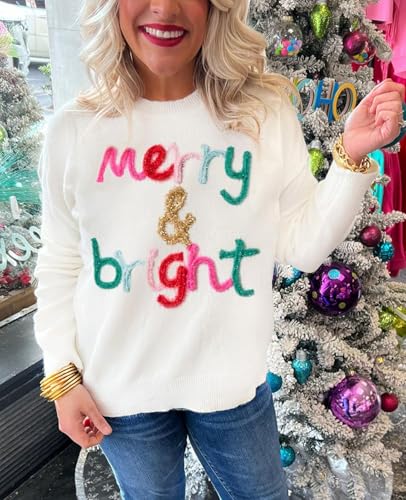 Image of SELINK Women's Holiday Sweater Crew Neck Print Casual Long Sleeve Pullover | cute tops, knit graphic sweaters, sequin letters, festive outfits, comfort fit for party daily wear