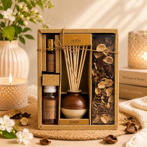 Image of AuraDecor Reed Diffuser Gift Set with Potpourri, Fragrance Oil & 6 Reed Sticks | Air Freshener for Living Room, Bedroom & Office | Decorative Aroma Diffuser Gift Set (Jasmine, X-Large)