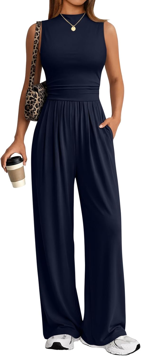 Trendy Queen Women's One Piece Jumpsuit - Sleeveless Mock Neck Palazzo Romper with Pockets, Casual Summer Outfits