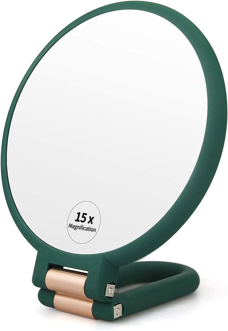 1X 15X Magnifying Hand Held Mirror,Double Side Folding Hand Mirror for Women with Adjustable Handle,Travel Table Desk Shaving Bathroom (Army Green)