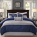 Madison Park - Palmer 7 Piece Comforter Set -Navy Blue and Gray - King - Pieced Microsuede - Includes 1 Comforter, 3 Decorative Pillows, 1 Bed Skirt, 2 Shams
