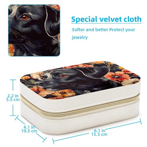 Boîte à bijoux portable chien et fleurs noires pour bagues et colliers