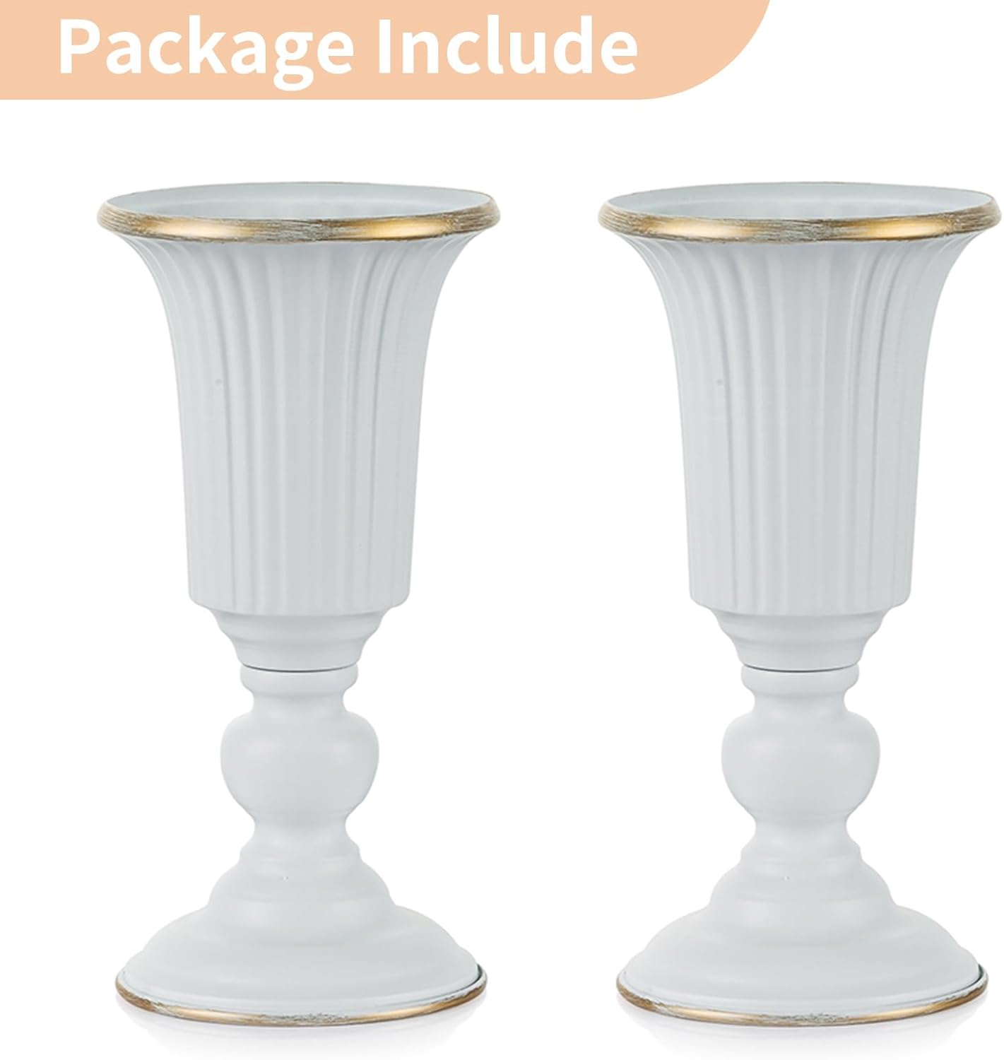 Nuptio 2 Pcs Flowered Metal Trumpet Vase Elegant Wedding Centerpieces Vase for Wedding Party Decoration, 23.2cm Tall Artificial Flower Arrangements for Anniversary Ceremony, White