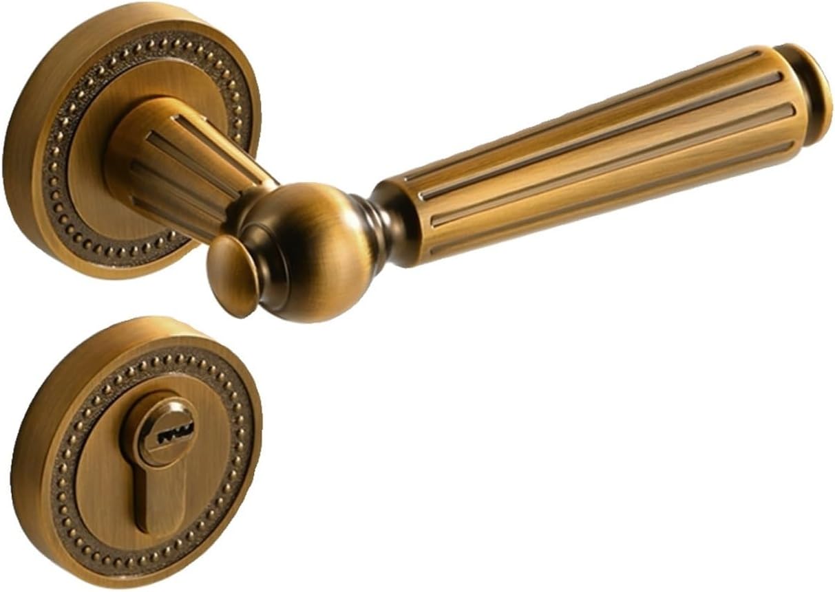 Retro Indoor Bedroom Style French Light Luxury Brass Lock Two-Piece Magnetic Silent Room Door Lock Door Handle(A Yellow Bronze Standard 35-50mm)
