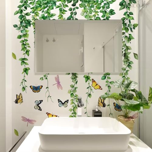 Calcomanías de pared de hojas verdes autoadhesivas y vinilos decorativos de libélulas 3