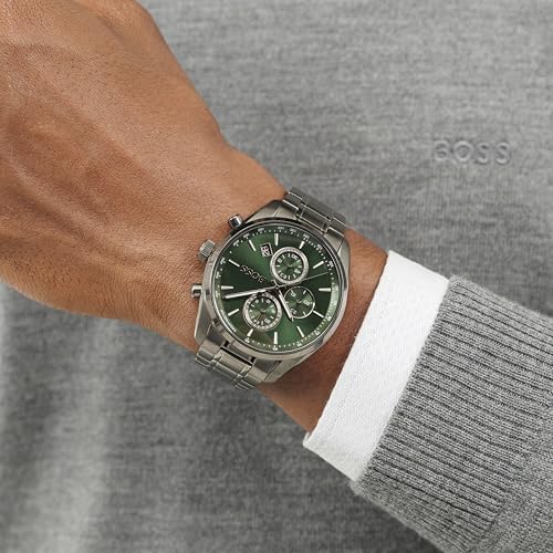 Image of BOSS Grand Prix 44 Qtz Fashion Chrono Green Round Dial Men's Watch|Ionic Plated Grey Steel Material|Grey Color Band - 1514228