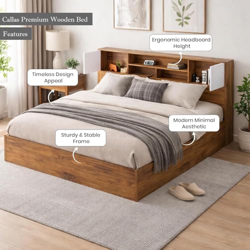 Image of Callas Estoria Engineered Wood King Size Bed with Storage | Free Installation with 1 Year Warranty (Walnut, King with Storage)