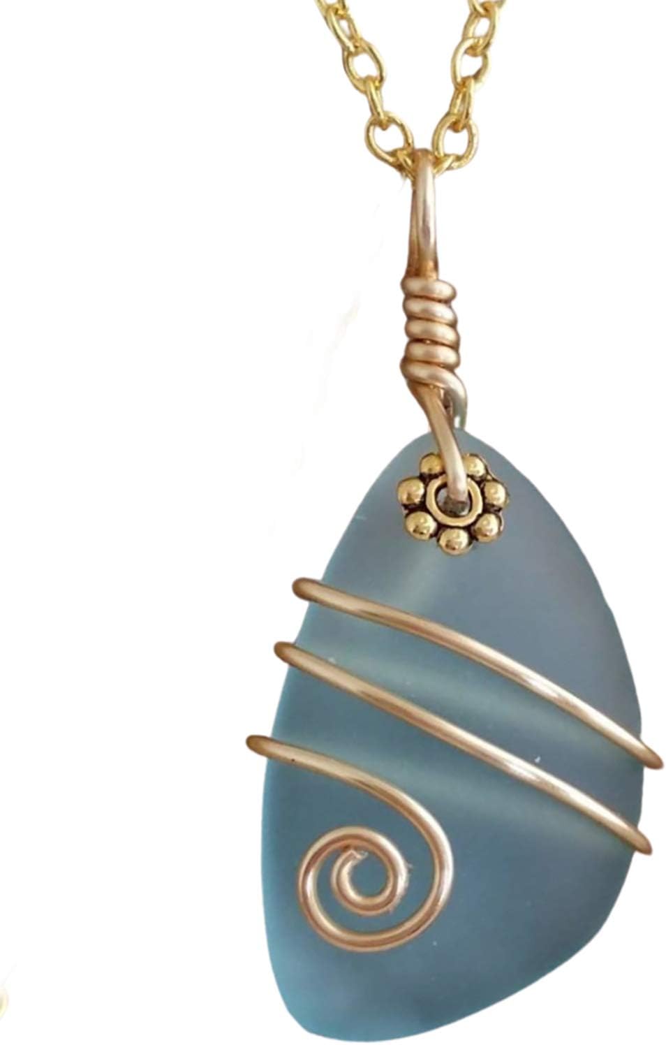 yinahawaii Handmade Sea Glass Necklace, Hawaiian Jewelry For Women, Gold Wire Turquoise Bay Blue Necklace, Beach Jewelry Birthday Gift For Women (December Birthstone)