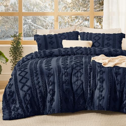 Bedsure Tufted Boho Comforter Set Twin Size - Navy Boho Bed Set, GentleSoft™ 2 Pieces Farmhouse Shabby Chic Embroidery Bedding, Gifts for Woman, Soft Jacquard Twin Comforter for All Seasons