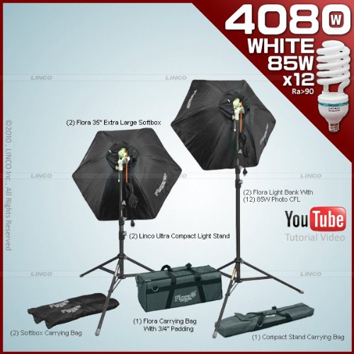 Photography video studio with 2 Fluorescent Light Bank Linco Flora +2 35'' Hexogen Easy Softbox Linco Flora +2 8308 Compact Light Stand+12 85W Softwhite Daylight Photo Energy Bulb Linco +2 Carrying Bag by Linco#3120FK