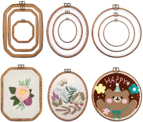 9 Pcs Embroidery Hoop Frame Set Decorative Imitated Wood Embroidery Hoop Display Frame for Art Craft Sewing Decorative Ornaments, Circle, Oval, Octagonal Embroidery Hoops