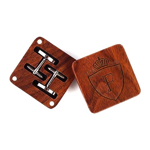 Image of Mens Initial Silver Cufflinks A-Z Alphabet Letter Steel Cuff Links with Engraved Walnut Wood Box Groom Groomsman Wedding Set