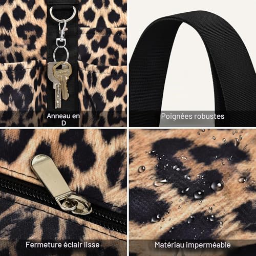 Becokan Grand sac fourre-tout pour femme imperméable avec 12 poches, fermeture éclair sur le dessus, utilitaire, sacs pour enseignantes et infirmières pour le travail et l'école, léopard, Large – vue 4
